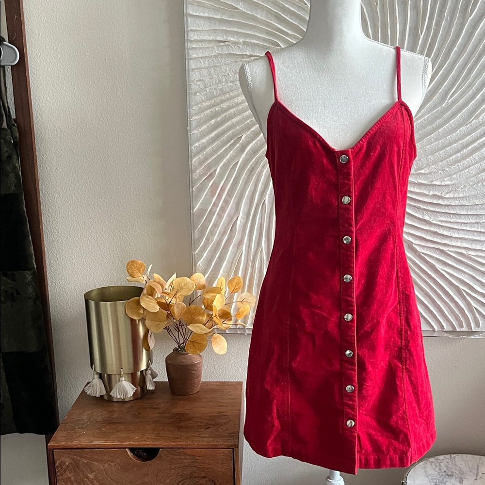 100% Cotton Corduroy Button Up Dress in Red - Picture 3 of 12